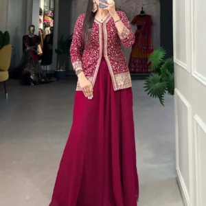 Rani Pink Color Embroidery Work Georgette Plazo Suit