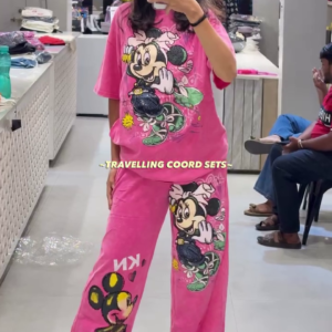 Pink Cartoon Printed Co-Ord Set – Trendy Casual Travel Outfit
