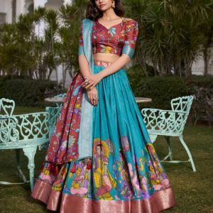 Firozi Color Dola Silk Kalamkari Printed Lehenga Choli