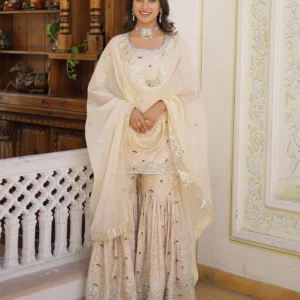 Off-White Color Viscose Jacquard Three Piece Gharara Suit
