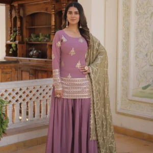 Beautiful Onion Color Georgette Three Piece Plazzo Suit