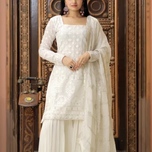 White Color Three Piece Sharara Suit
