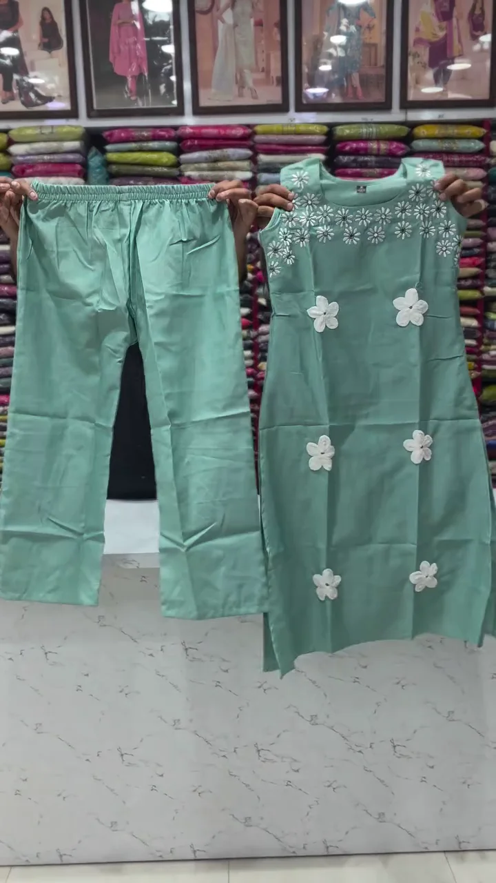 Women’s Olive Green Sleeveless Kurti With White Floral Applique Details & Matching Straight Pants for Chic Ethnic Wear