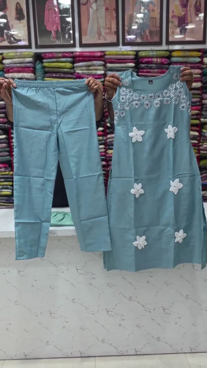 Women’s Olive Green Sleeveless Kurti With White Floral Applique Details & Matching Straight Pants for Chic Ethnic Wear