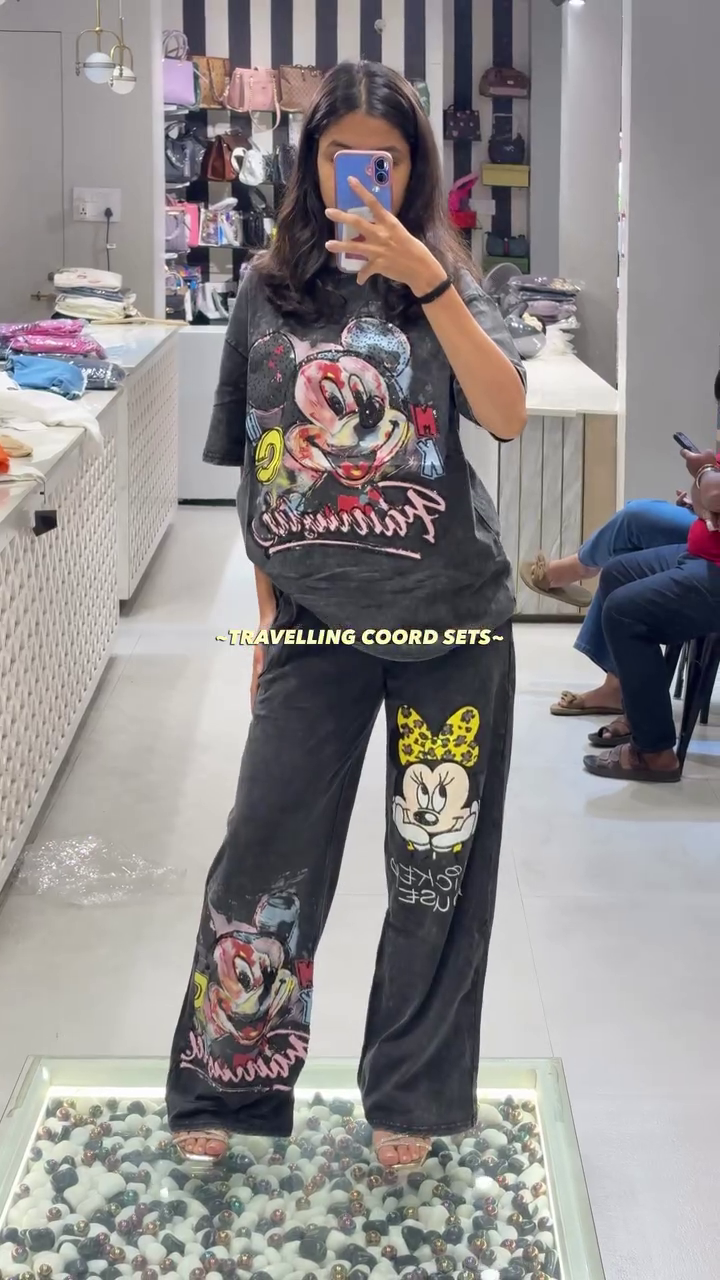 Pink Cartoon Printed Co-Ord Set – Trendy Casual Travel Outfit