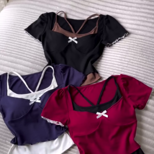 Premium Feminine Bow-Detail Fitted Crop Top – Stylish Short Sleeve Slim-Fit Casual Fashion Top for Women & Girls