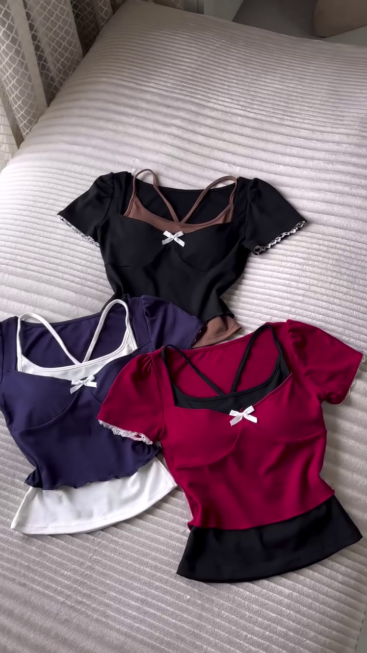 Premium Feminine Bow-Detail Fitted Crop Top – Stylish Short Sleeve Slim-Fit Casual Fashion Top for Women & Girls