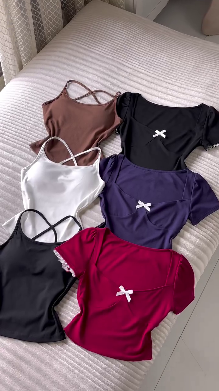 Premium Feminine Bow-Detail Fitted Crop Top – Stylish Short Sleeve Slim-Fit Casual Fashion Top for Women & Girls